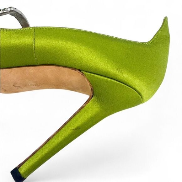 MANOLO BLAHNIK Avocado Satin Crystal Buckle Pointed Toe Pumps Size EU37.5 - Picture 6 of 13